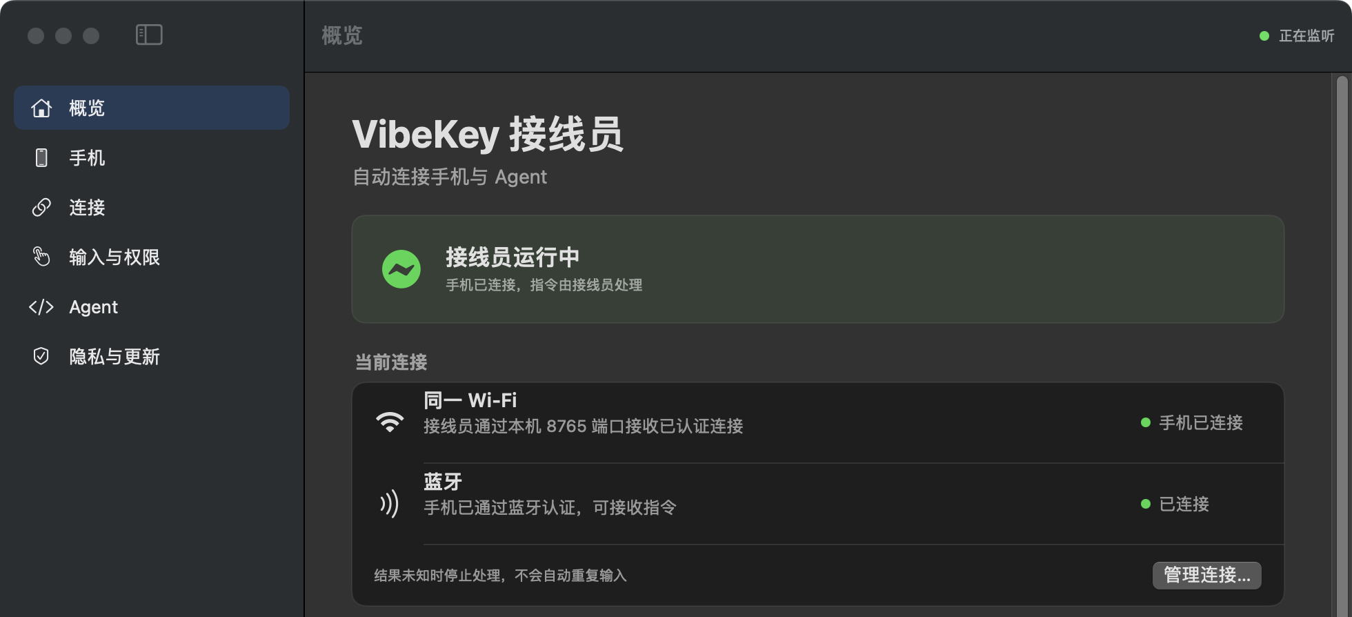 打开成功后的 VibeKey 接线员概览窗口